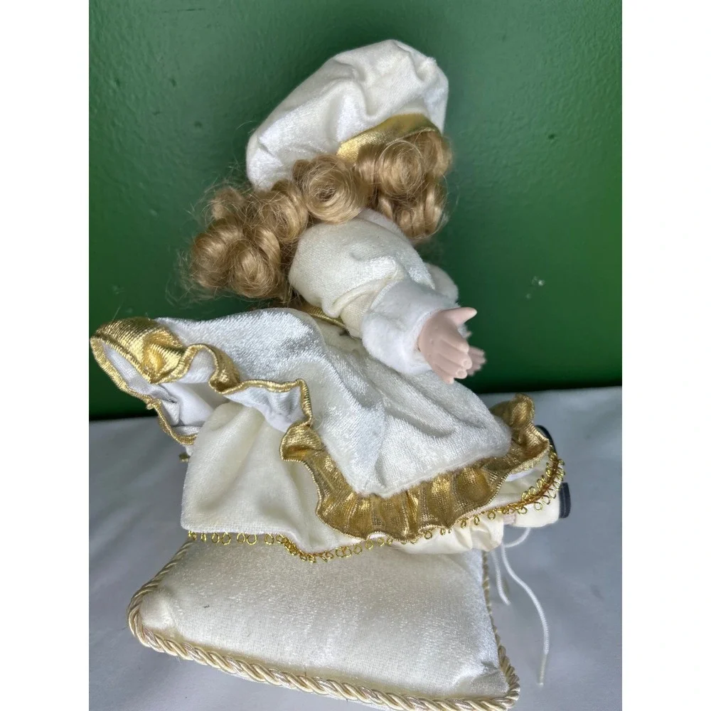 Vintage Musical Porcelain Doll on Pillow White Gold Velvet Dress Wind Up Blonde